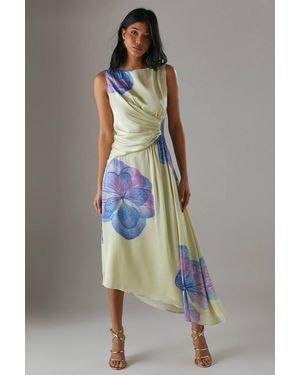 Warehouse Printed Satin Sleeveless Knot Front Asymmetric Hem Midi Dress - Multicolor