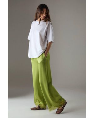 Warehouse Satin Lace Insert High Waisted Wide Leg Pants - Green
