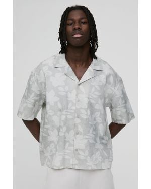BoohooMAN Oversized Floral Print Linen Blend Shirt - Gray