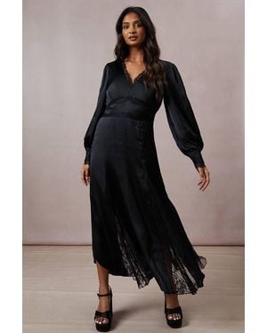 Oasis Lace Insert Satin Midi Dress - Black