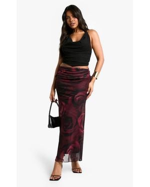 Boohoo Rose Print Mesh Ruched Side Maxi Skirt - Red