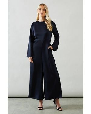 Wallis Petite Trumpet Sleeve Wide Leg Crepe Jumpsuit - Blue