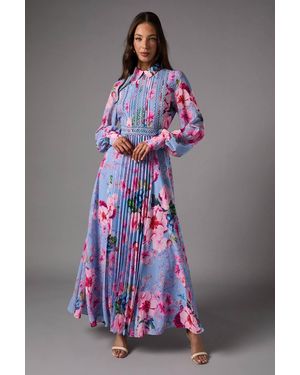 Coast Pleated Printed Long Sleeve Midi Dress With Lace Trim - Purple
