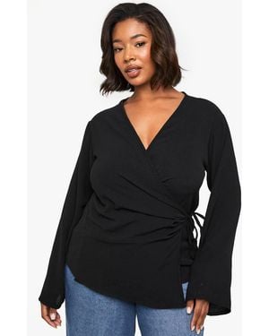 Boohoo Plus Long Sleeve Asymetric Tie Front Shirt - Black