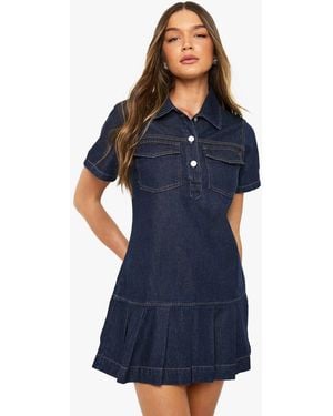 Boohoo Pleated Denim Dress - Blue