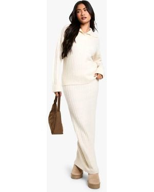 Boohoo Soft Knit Thick Rib Collar Detail Sweater And Maxi Skirt Set - Natural