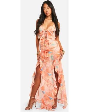 Boohoo Butterfly Printed Ruffle Split Maxi Skirt - Orange