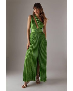 Warehouse Premium One Shoulder Belted Pleated Maxi Dress - Green