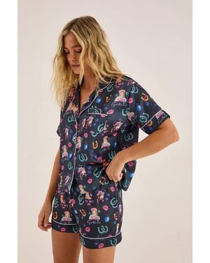 Nasty Gal Satin Western Conversational Contrast Piped Pajama Shorts Set - Blue