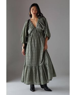 Warehouse Petite Broderie Plunge Neck Volume Sleeve Smock Midi Dress - Gray