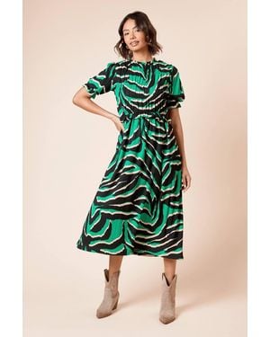 Dorothy Perkins Puff Sleeve Zebra Shirred Bodice Peplum Midi Dress - Green