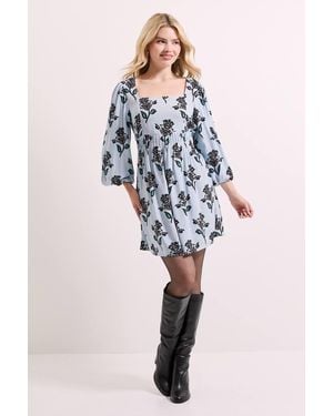 Dorothy Perkins Floral Square Neck Blouson Sleeve Tie Back Mini Dress - Blue