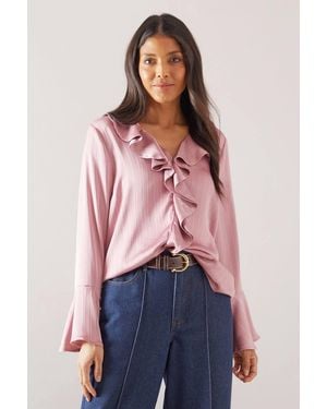 Wallis Stripe Crinkle Ruffle Sleeve Blouse - Red
