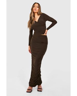 Boohoo Ruched Slinky Maxi Skirt - Blue