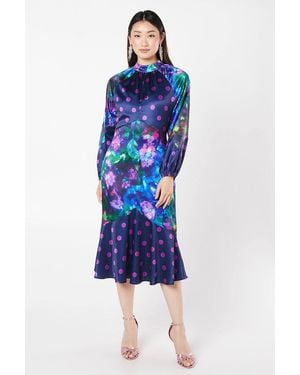 Coast Printed Satin Long Sleeve Midi Wedding Guest Dress - Blue