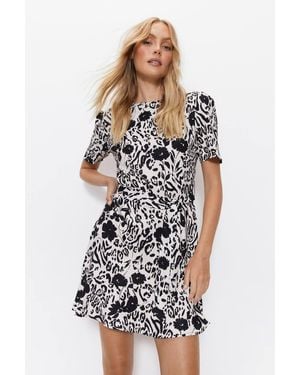 Warehouse Floral Satin Crepe Fluted Hem Tie Waist Flippy Dress - White