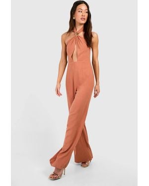 Boohoo Tall Linen Look Trim Halterneck Wide Leg Jumpsuit - Multicolor