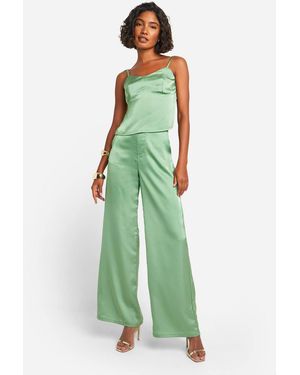 Boohoo Tall Satin Wide Leg Pants - Green