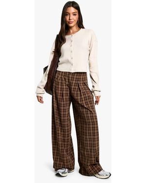 Boohoo Check Pleat Detail Slouchy Trouser - Brown