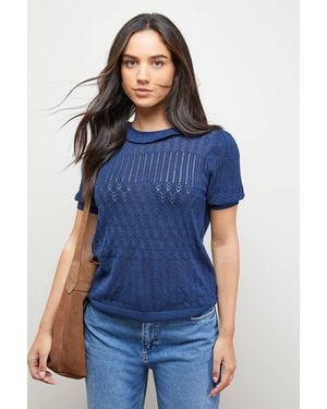Oasis Puff Sleeve Ruffle Neck Short Sleeve Sweater - Blue