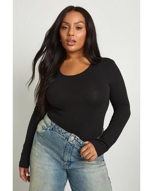 Boohoo Plus Long Sleeve Scoop Neck One Piece - Black