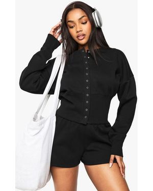 Boohoo Deep Hem Popper Bomber Short Tracksuit - Black