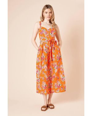 Dorothy Perkins Floral Printed Button Up Belted Linen Midi Dress - Orange