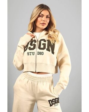 Boohoo Dsgn Studio Towelling Applique Boxy Crop Zip Through Hoodie - Natural
