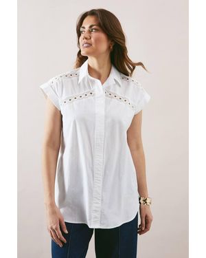 Wallis Cotton Lace Insert Cap Sleeve Shirt - White