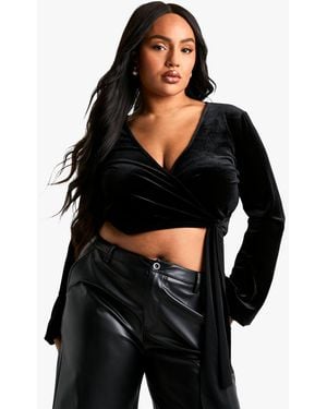 Boohoo Plus Velvet Wrap Tie Top - Black
