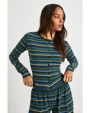 Boohoo Stiped Button Through Long Sleeve Top - Green