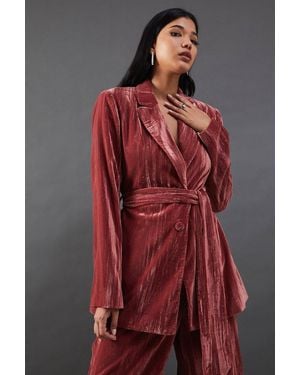 Warehouse Crushed Velvet Self Belted Blazer - Red