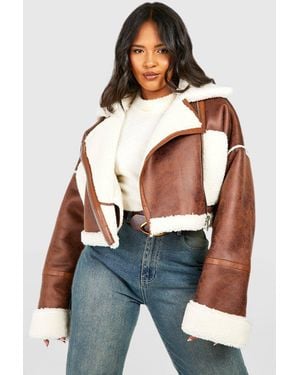 Boohoo Plus Teddy Trim Cropped Aviator Jacket - White