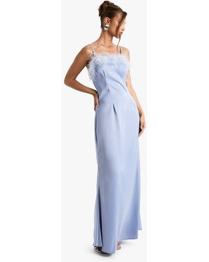 Boohoo Feather Trim Satin Maxi Slip Dress - Blue