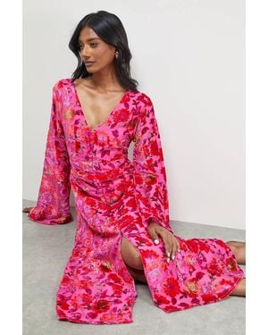 Warehouse Devore Plunge Neck Waisted Midi Dress - Pink
