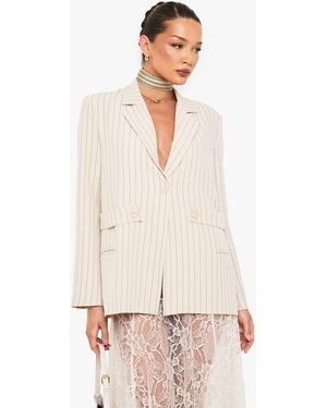 Boohoo Pinstripe Button Detail Oversized Blazer - Natural