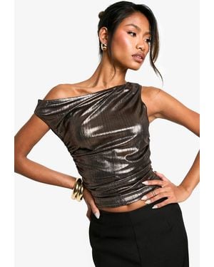 Boohoo Metallic Rib Asym Ruched Side Top - Black