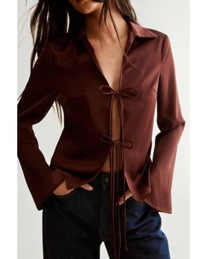 Nasty Gal Satin Collar Tie Front Long Sleeve Shirt - Brown