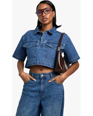 Boohoo Cropped Denim Shirt - Blue