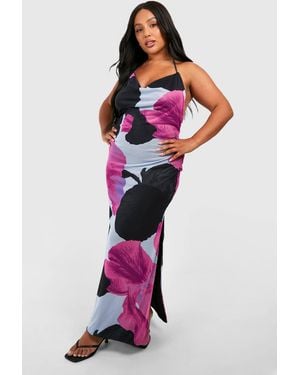 Boohoo Plus Halterneck Low Back Printed Maxi Dress - Red