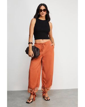Warehouse Lace Insert Chiffon Cuffed Pants - Orange
