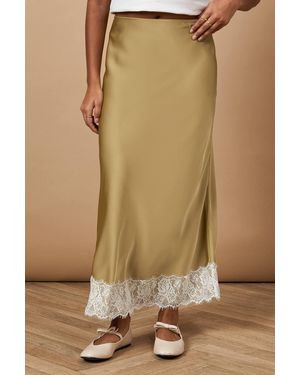 Oasis Satin Bias Cut Lace Hem Skirt - Green