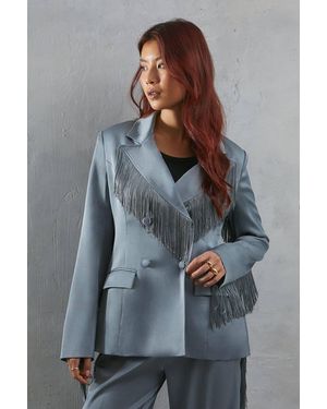 Warehouse Premium Satin Fringe Double Breasted Blazer - Gray
