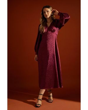 Dorothy Perkins Satin Animal Jacquard Empire Long Sleeve Midi Dress - Red