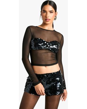 Boohoo Sequin Bust Long Sleeve Mesh Top - Black