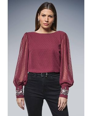 Wallis Occasion Dobby Embellished Cuff Blouse - Red