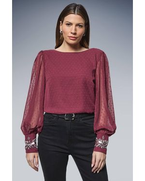 Wallis Occasion Dobby Embellished Cuff Blouse - Red