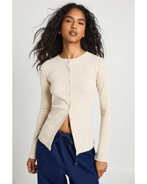 Boohoo Rib Button Through Long Sleeve Top - Blue