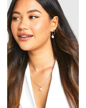 Boohoo Drop Pearl Hoop Earrings And Necklace Set - White