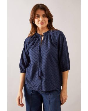 Wallis Broderie Tie Neck Blouse - Blue